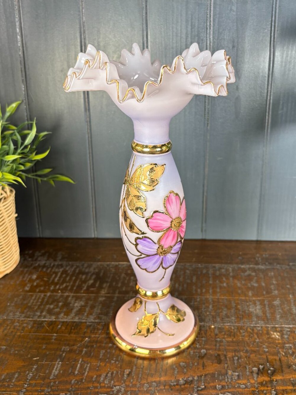 Vintage Czech Bohemian Opaline Glass Vase, Pink Lavender White Ombre Gradient